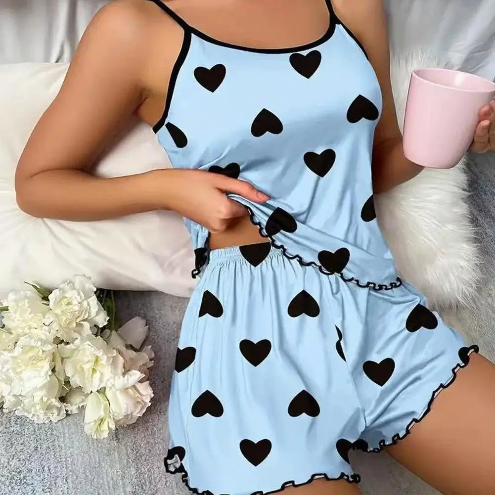Women's Pajama Set Pajamas T-Shirts Shorts Pink Heart-Shaped Print Round Neck T-Shirt Ice Silk Top Comfortable Casual Four Seas Oasis Select