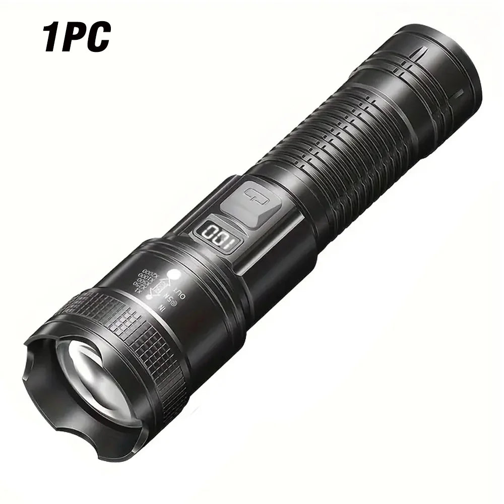 Super Bright LED Flashlight with Battery Display Rechargeable Light Telescopic Zoom Torch Lamp Outdoor Camping Fishing Lantern Oasis Select 1PC