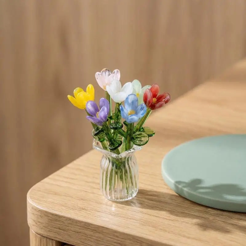 6/7Pcs Mini Lifelike Glass Flowers Simulation Flowers Handcrafted Floral Sculpture Floral Bouquet With Vase Home Decoration Gift Oasis Select