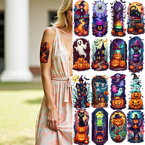 12-Pack Halloween Temporary Tattoos – Ghost, Moon & Pumpkin Temporary Tattoo Stickers Oasis Select