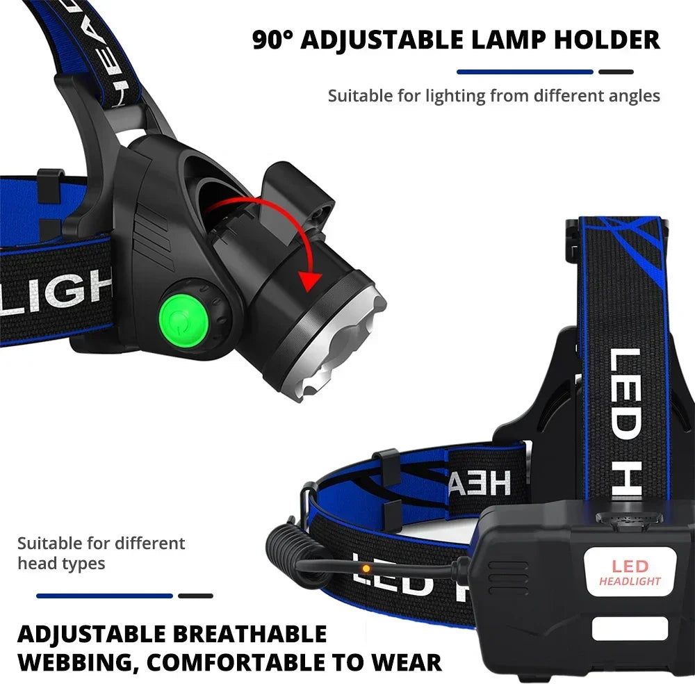 High Power LED Headlamp Fishing Headlight 3 Modes Zoomable Waterproof Super Bright Camping Light Powered by 2x18650 Batteries Oasis Select