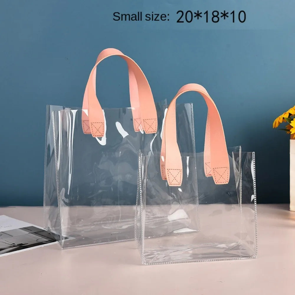 Large Capacity PVC Clear Tote Bag Transparent Handle Transparent Shopping Bags Waterproof Storage Bag Oasis Select -Small Pink