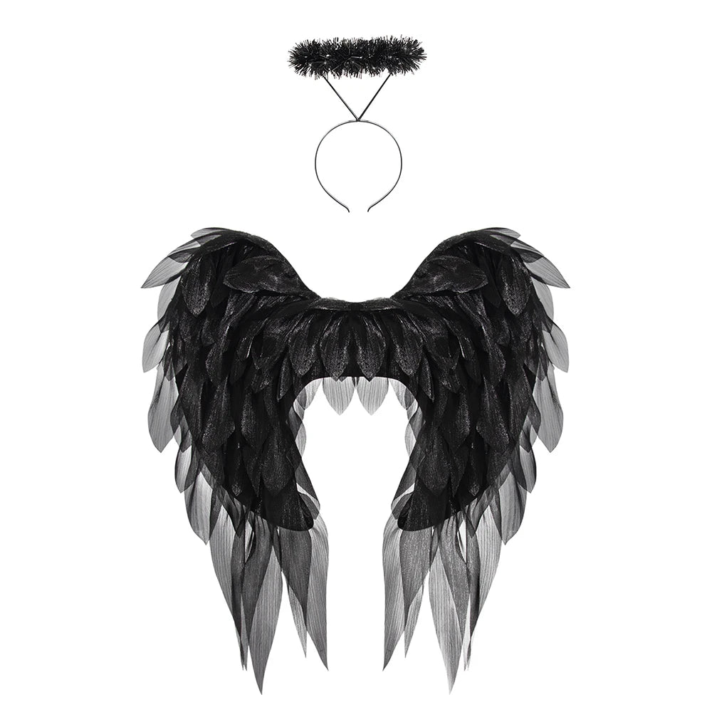 White/Black Angel Wing Real Feather Fairy Wing Dance Party Christmas Masquerade Carnival Cosplay Costume Oasis Select Black-Set