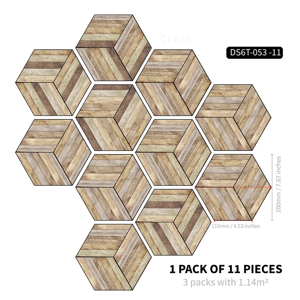 Marble wood grain self-adhesive hexagonal floor stickers waterproof home decoration hexagonal art Mosaic floor stickers Oasis Select DB-6T11P-053-CM 20cm x 23cm 11pcs