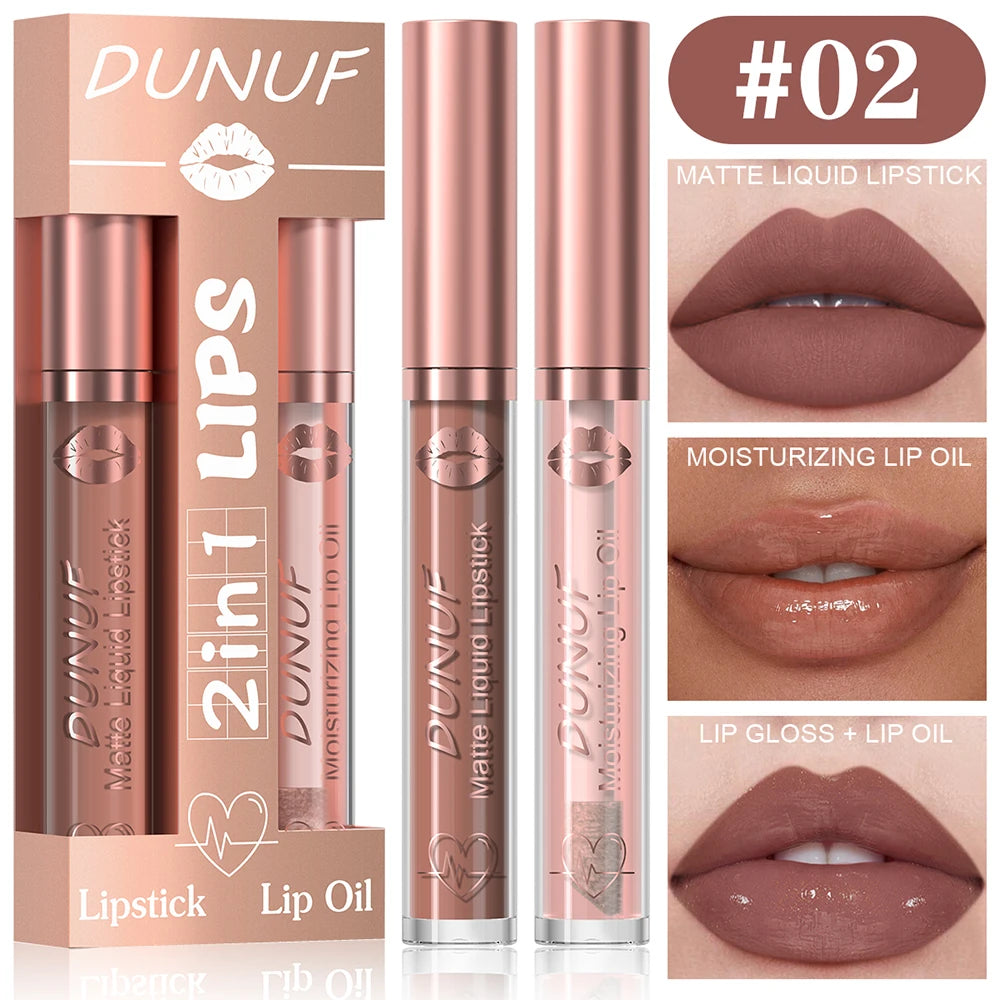 DUNUF Lip Gloss And Lip Oil Set 2-Piece Long-Lasting Waterproof Matte Moisturizing Non-Fading Lipstick Collection Oasis Select 02