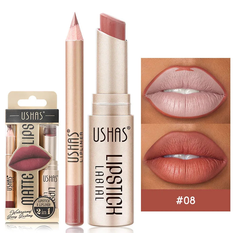 USHAS 12-Color Matte Lipstick & Lip Liner Set – Long-Lasting
