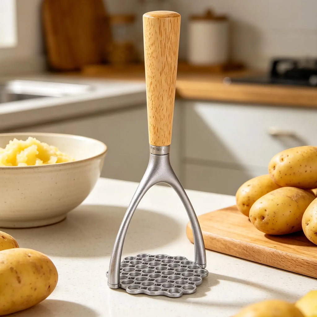Mashed Potato Masher Double Arc Wooden Handle Kitchen Tool Potato Ricer Food Smasher for Avocado Bananas Carrots Soft Fruits Oasis Select