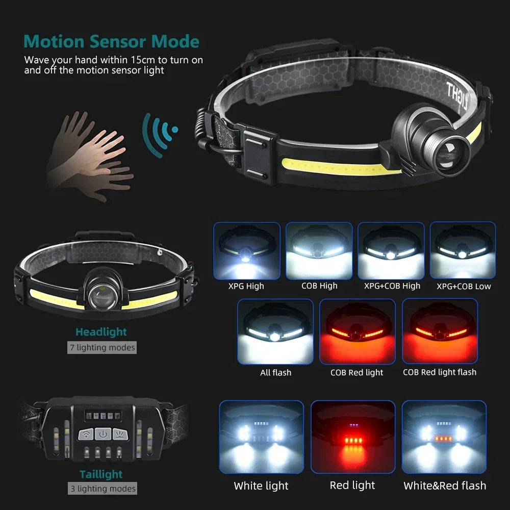 Outdoor Strong Light Sensor Headlight Led Light Zoom Model Large Floodlight COB Head-mounted Fishing Light Running Headlamp Oasis Select