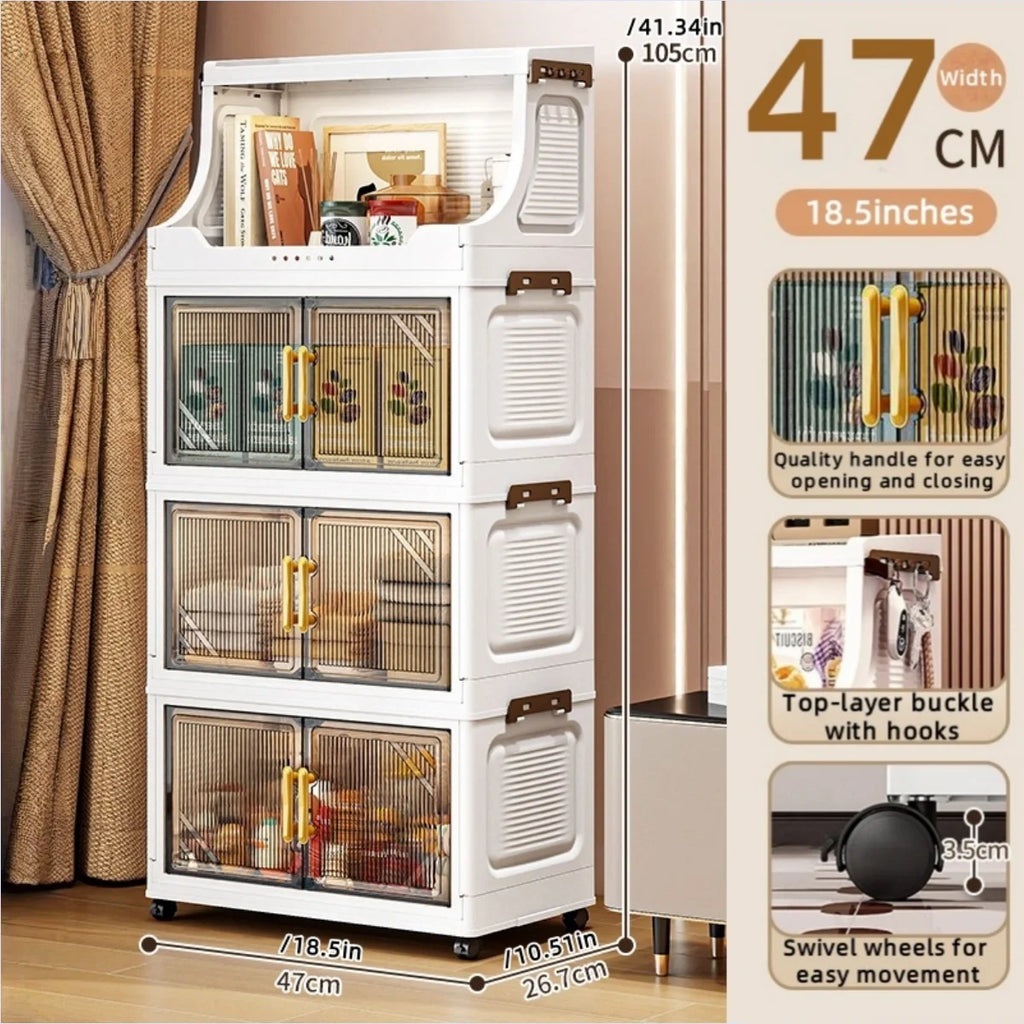Large Foldable Flip-Top Transparent Storage Cabinet with Wheels - Space-Saving Mobile Organizer for Kitchen Bedroom Living Room Oasis Select 4 Tiers Clear Gray
