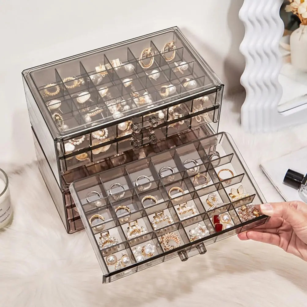 Multi-Compartment Jewelry Storage Box, Acrylic Transparent Earrings Drawer Box With Three-Layer 72-Grid High-Capacity Portable Oasis Select