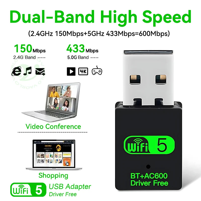 600Mbps USB WiFi Bluetooth Adapter 2 IN 1 Dual Band 2.4G/5GHz Wi-Fi Dongle High-Speed Wireless Network Card Receiver PC Laptop Oasis Select