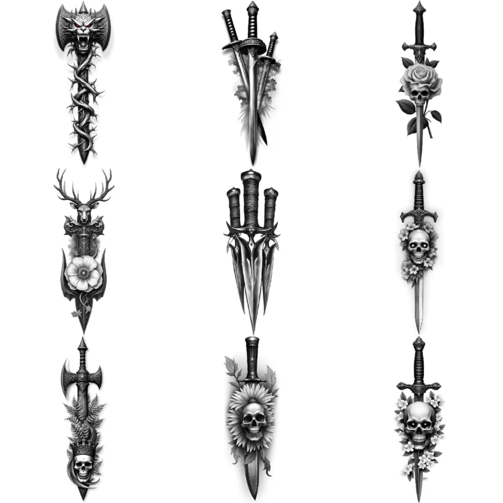 3-Pack Waterproof Temporary Tattoos – Skull & Sword Body Stickers