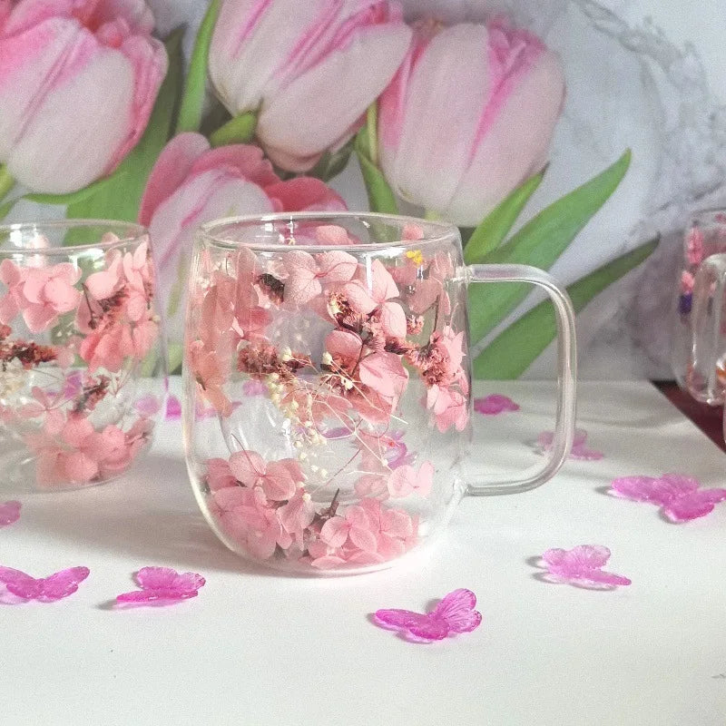 2pcs Double-Layer Insulated Glass Cup with An Internal Floral Pattern Design, Suitable for Coffee, Tea, and Cocktails Drinkware Oasis Select 400ml 2pcs