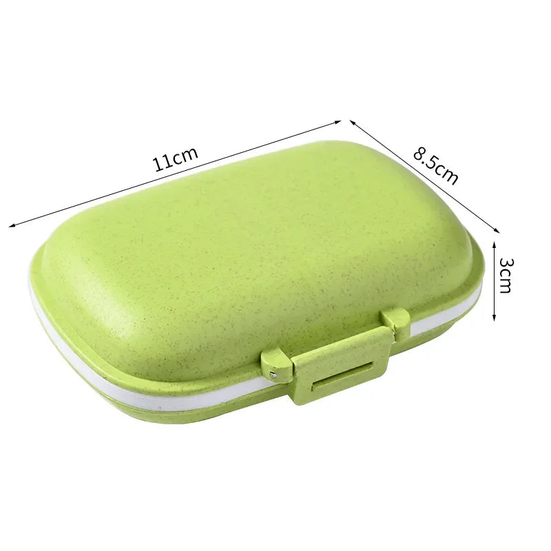 Mini Portable 8 Grids Pill Box Travel Medicine Organizer Container Wheat Sealed Tablets Storage Dispenser Box for Medicines Oasis Select green