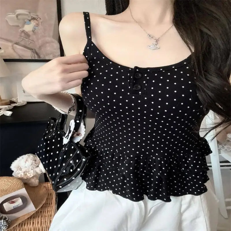 Women Clothing Summer Fashion Casual Polka Dot Solid Color Sling Ladies Fashionable Appear Thin Slim Young Style Tops Oasis Select Black One Size