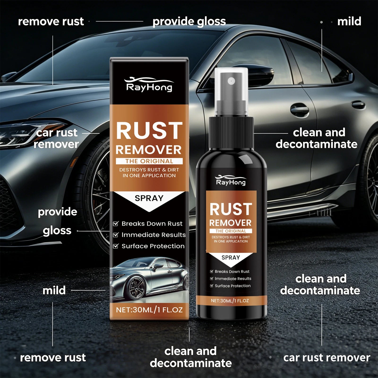 Car Rust Remover Spray, For Car Wheels & Metal Surfaces Dissolves Tire Rust Removes Rust & Dirt with Surface Cleaner Oasis Select