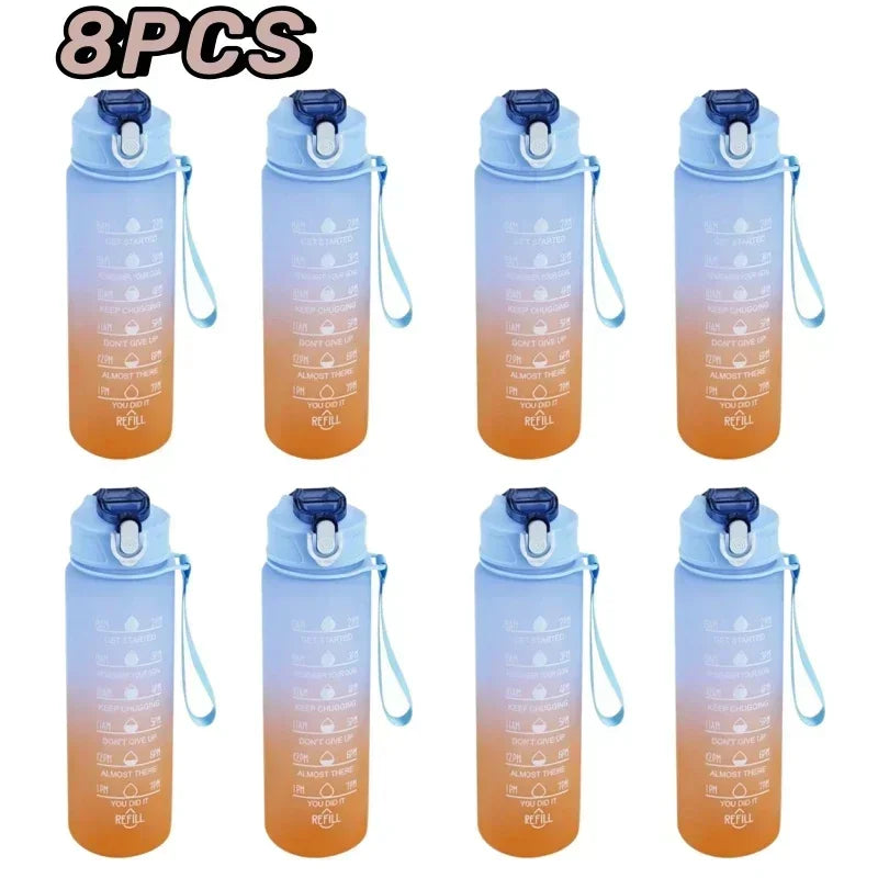900ml Sports Water Bottle High Temperature Resistant Graduated Straw Cup Rainbow Frosted Progressive Color Water Cup Plastic Cup Oasis Select Blue 8PCS 900ml