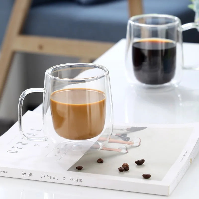 150/250/350ML Heat Resistant Double Wall Glass Coffee Cup with Handle Cappuccino Latte Breakfast Tea Milk Water Clear Cups Gift Oasis Select
