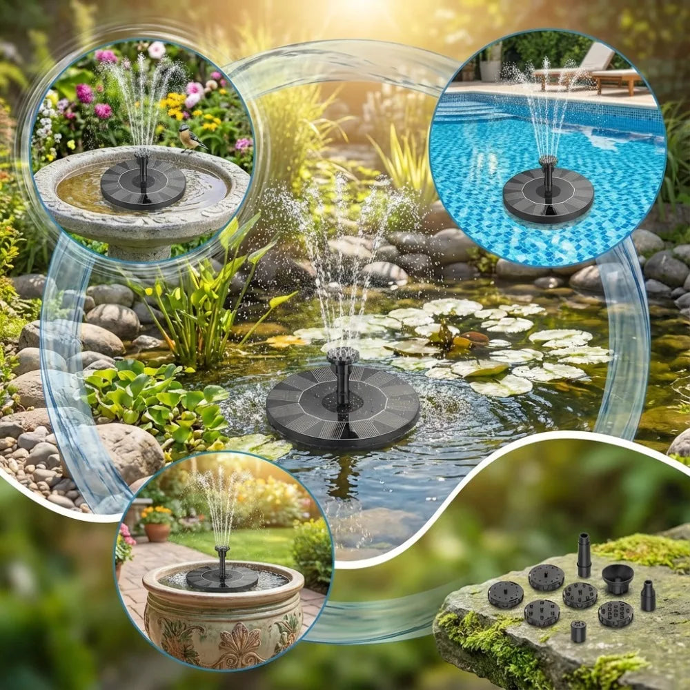 Outdoor Solar Fountain, Solar Water Fountain with 6 Nozzles Various Water Features and 4 Stabilizing Bar, DIY Garden Bird Bath Oasis Select