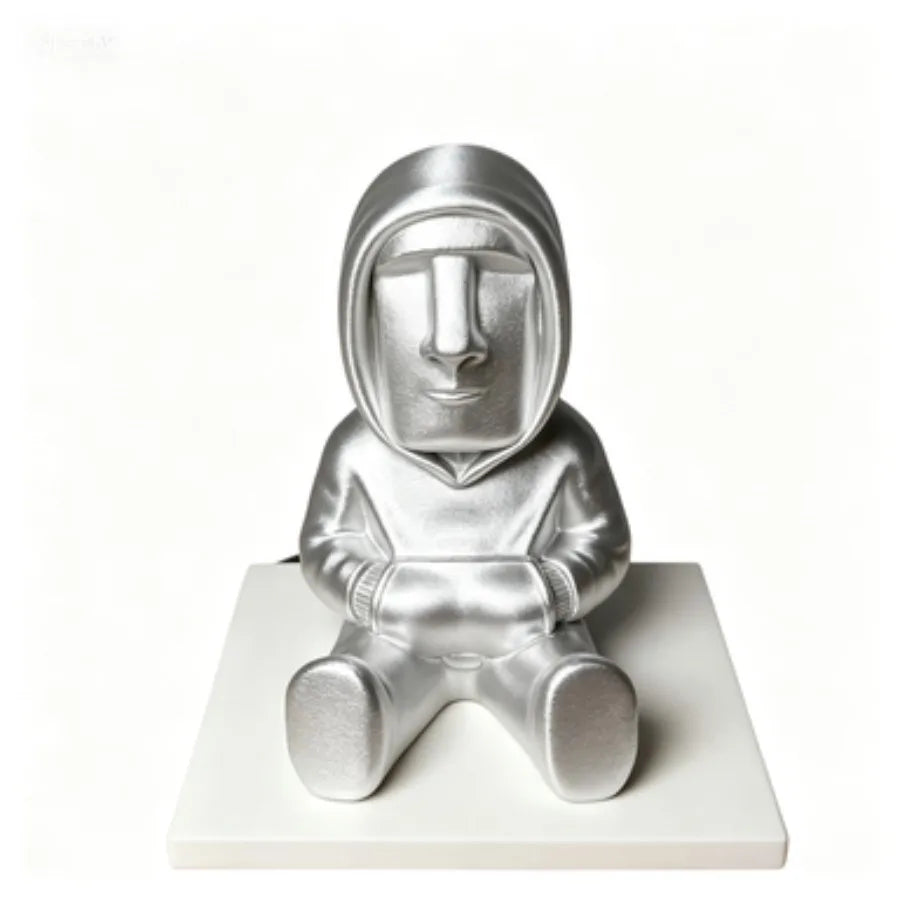 Easter Island Moai Statue- Authentic-Looking Polynesian Figurine Sculpture with Closed Hooded Sweater-like Tunic& Expressive Eye Oasis Select Light Silver