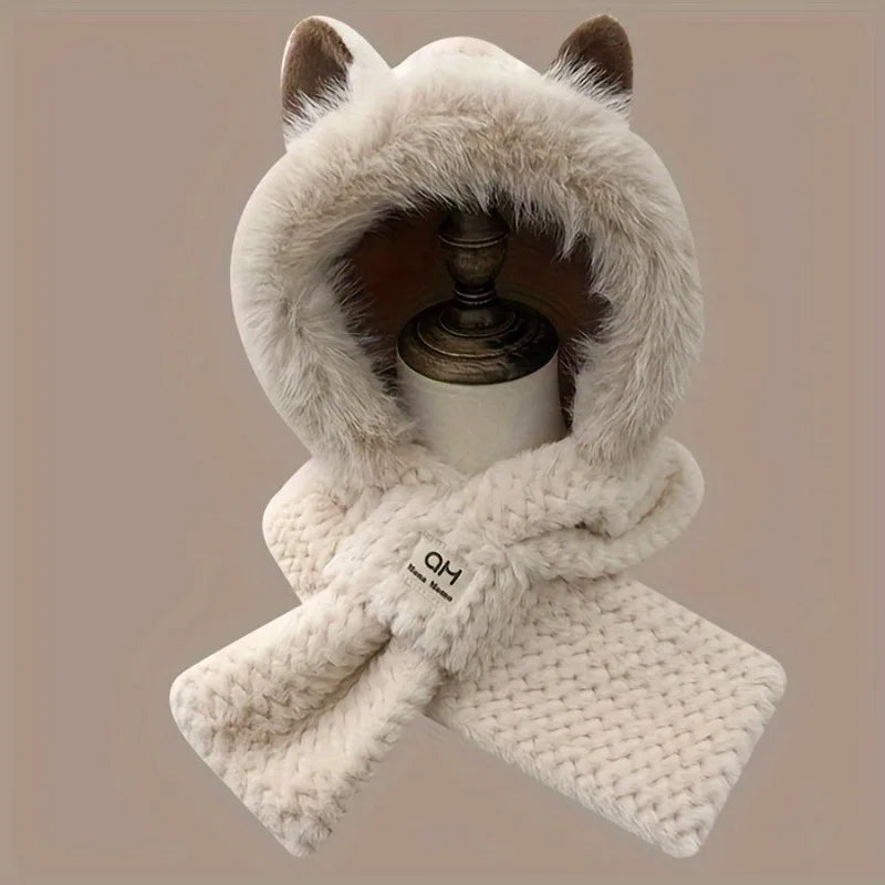 1PC Women's Cat Ear Hat with Pom-Pom, Soft Fleece Lined Winter Beanie for Christmas Gift, Cute Animal Themed Festival Cap Oasis Select Beige