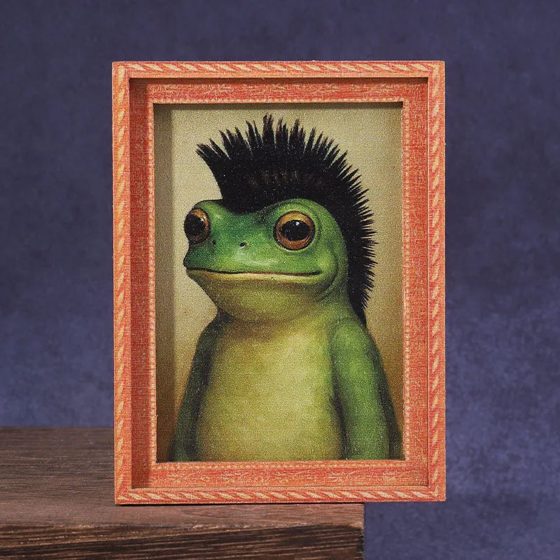 1Pc Mini Wooden Photo Frame Frog Fridge Magnet Funny Green Frog & Haircut Modern Kitchen Decor Refrigerator Ornament Oasis Select G