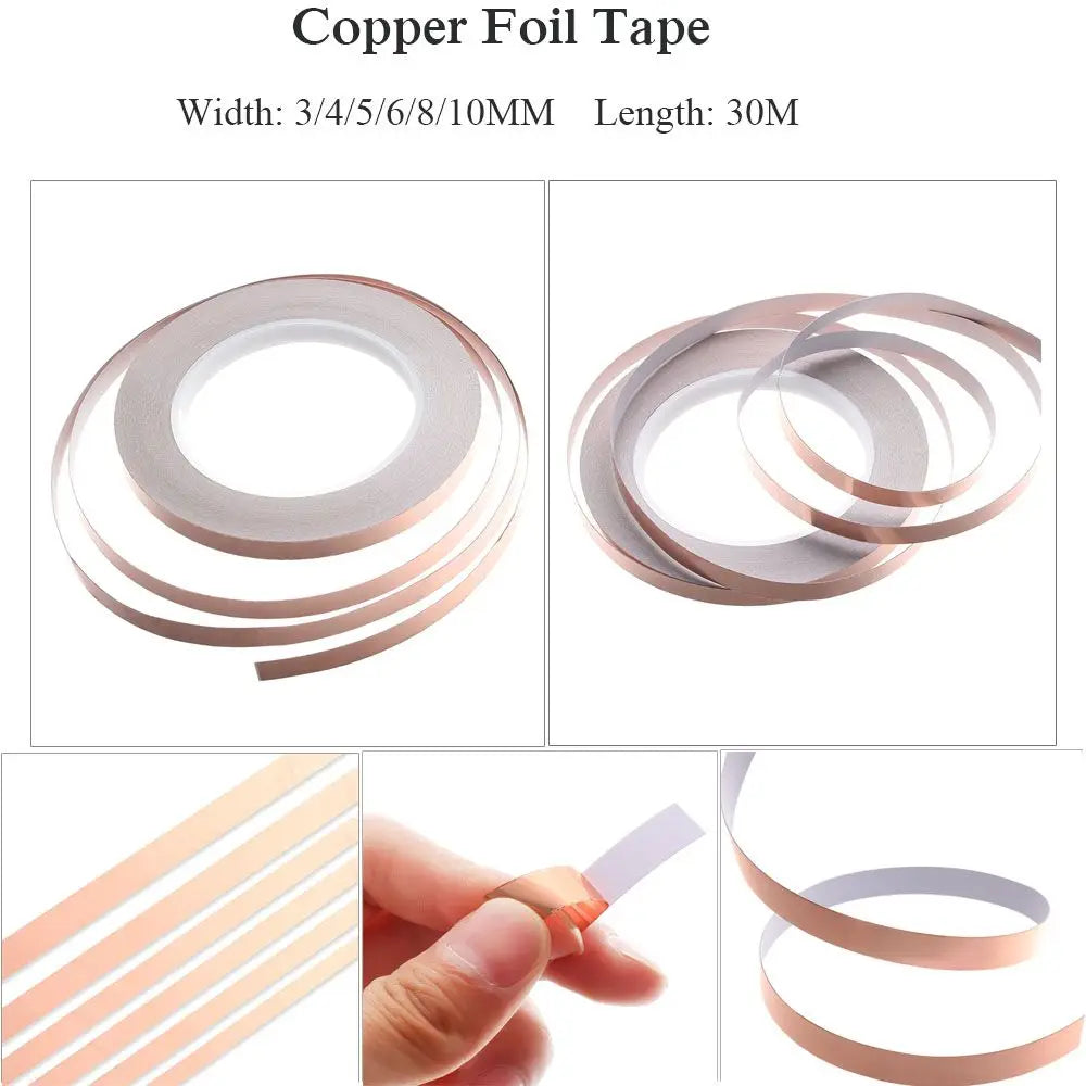 30 Meters Adhesive EMI Shielding Heat Resist Tape Single Side Conductive Copper Foil Tape Strip 3mm 4mm 5mm 6mm 8mm 10mm Oasis Select