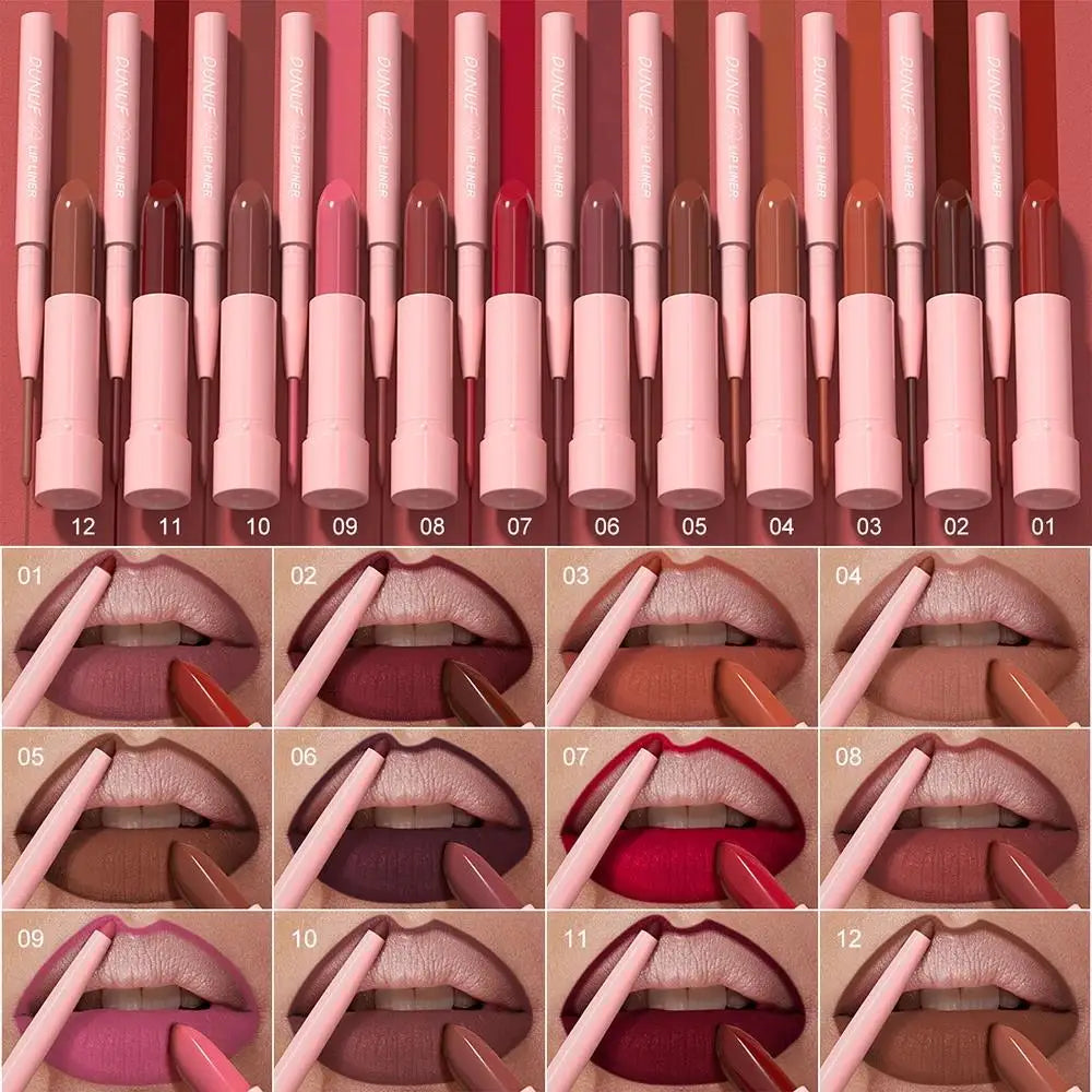 DUNUF 12-Color Matte Lipstick & Lip Liner Set – Waterproof