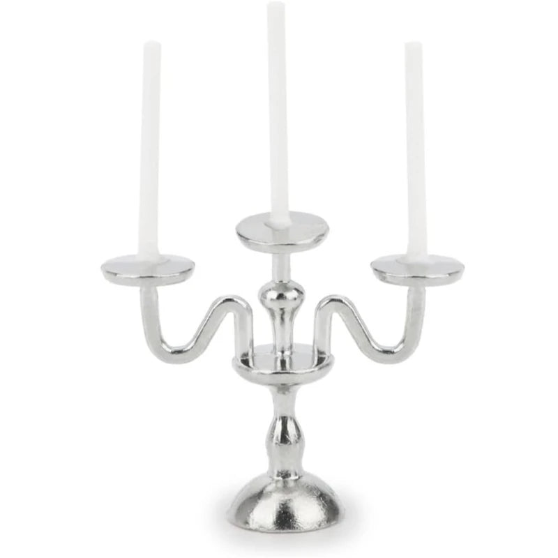 1/2 PCS Vintage 3-Arm Candelabra with Candles – 1:12 Miniature in Gold/Silver for Dollhouse, Fairy Garden & Micro Landscapes Oasis Select Silver