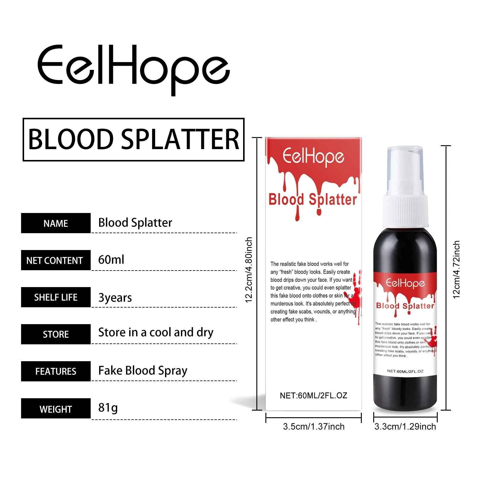 Eelhoe Fake Blood Spray 60ml – Halloween SFX Makeup Prop Fake Blood Spray Oasis Select