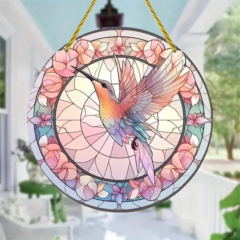 NEW Acrylic Painted Hummingbird Pendant Bird Floral Pattern Suncatcher Round Wreath Porch Window Outdoor Patio Hanging Ornaments Oasis Select Style F-15cm