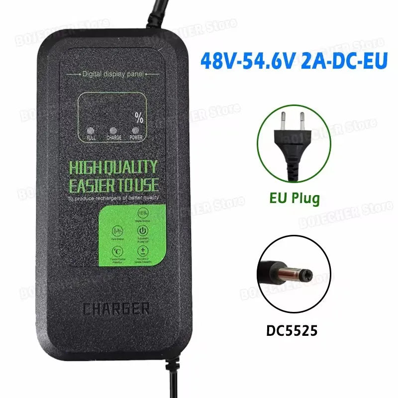 Newly Upgraded Lithium Battery Charger 36V 42V / 48V 54.6V 2A 5A Digital Display Power Supply Adapters DC5525 With Fan EU Plug Oasis Select LED 54.6V 2A DC EU