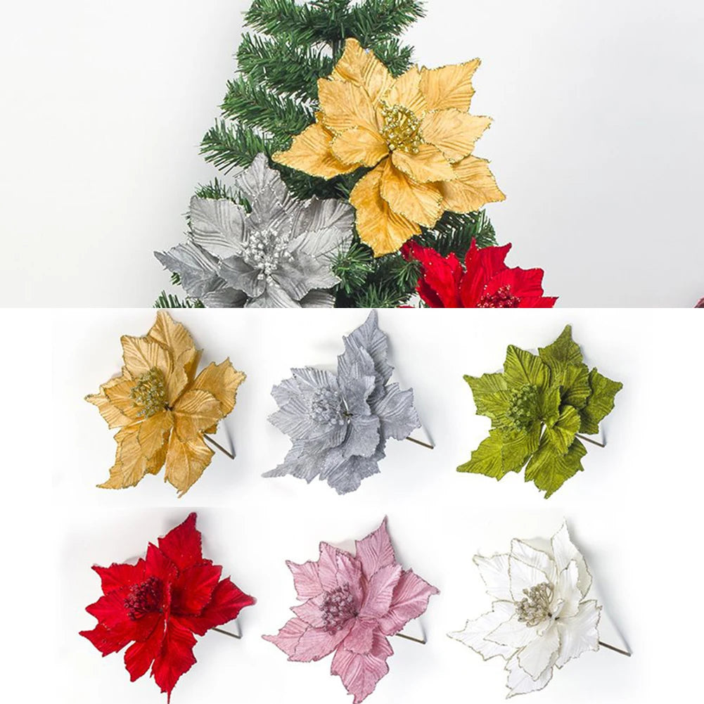28cm Artificial Flower Simulation Christmas Poinsettia Fake Glitter Flower Hanging Xmas Tree Pendant Ornament Party Home Decor Oasis Select