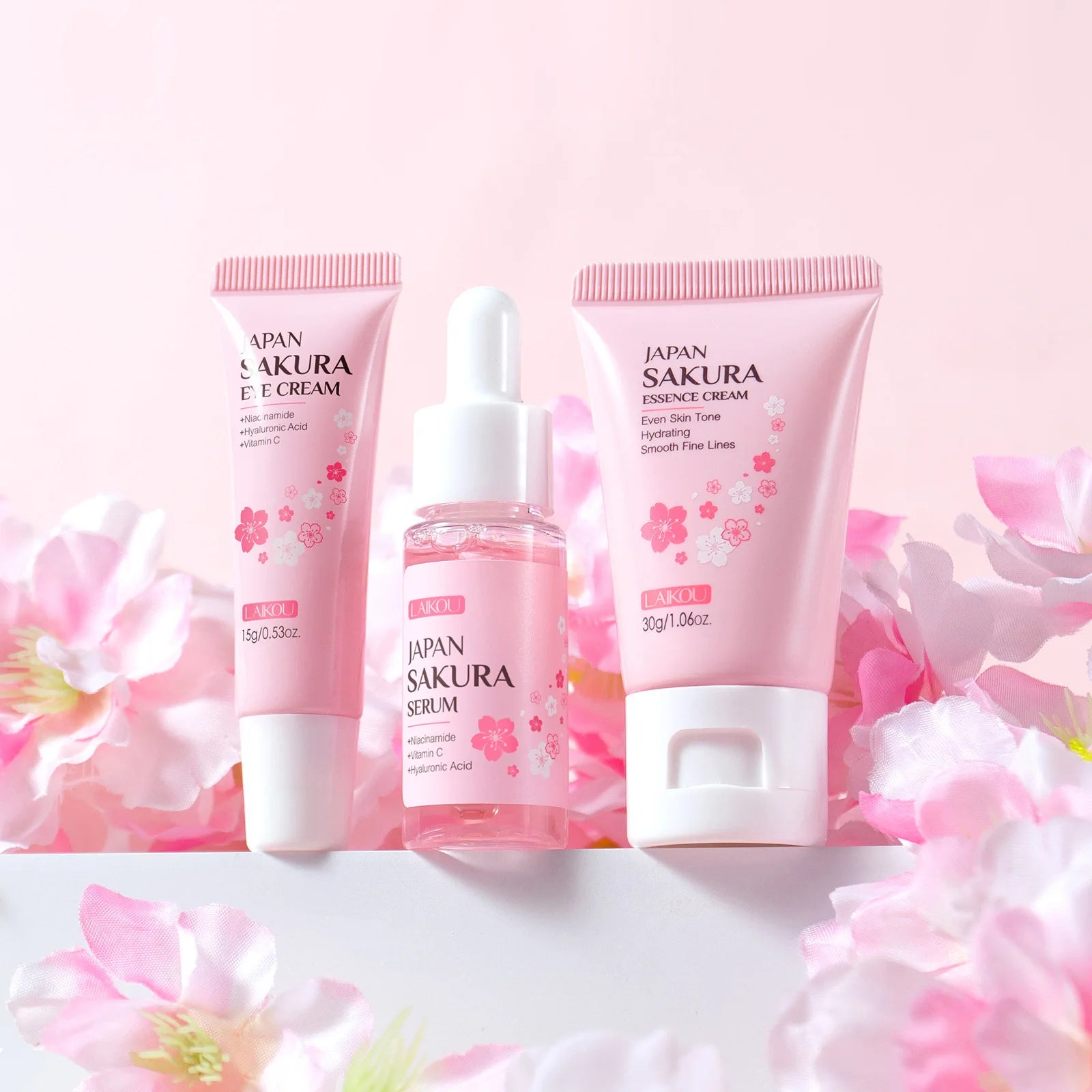 LAIKOU Japan Sakura 3pcs Hydrating Skin Care Set - Eye Cream 15g Serum 17ml Essence Cream 30g Women Beauty Gift Box Oasis Select