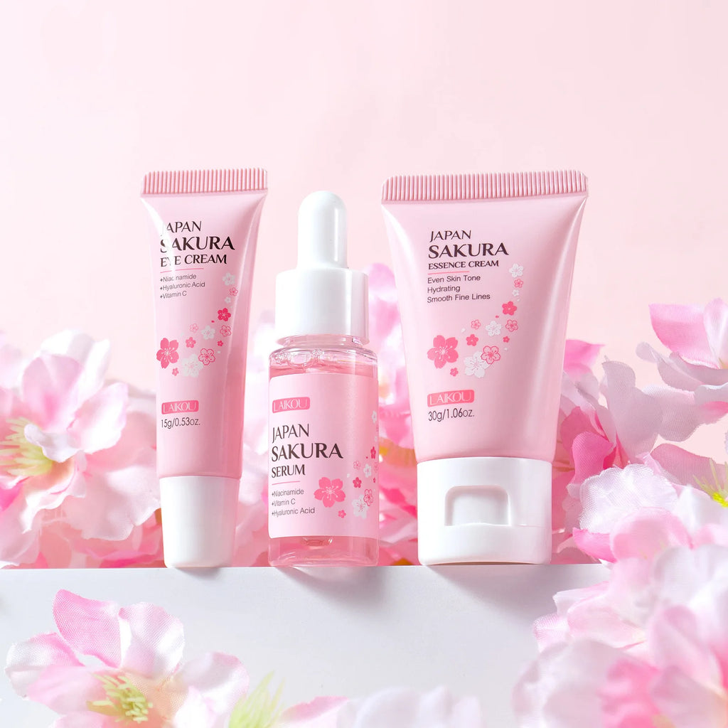 LAIKOU Japan Sakura 3pcs Hydrating Skin Care Set - Eye Cream 15g Serum 17ml Essence Cream 30g Women Beauty Gift Box Oasis Select