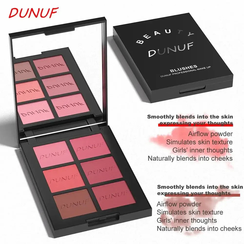 DUNUF 6-Color Blush Palette – Matte, Shimmer & Highlighter