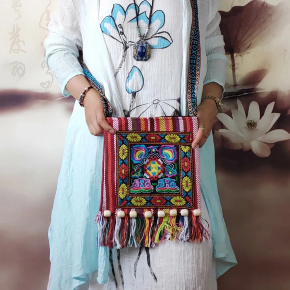 Ethnic Embroidered Linen Crossbody Bag | Tassel Bead Shoulder