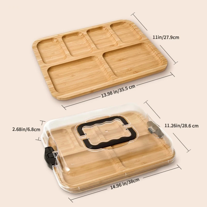 Bamboo Cheese Tray with Transparent Acrylic Lid - Portable Charcuterie Board for Camping, Party, Restaurants Snack Serving Tray Oasis Select