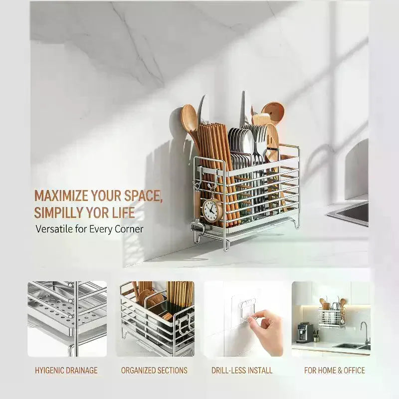 Stainless Steel No-Drill Wall-Mounted Utensil Holder Space-Saving Non-Slip Cutlery Organizer for Kitchen Countertop Wall Oasis Select