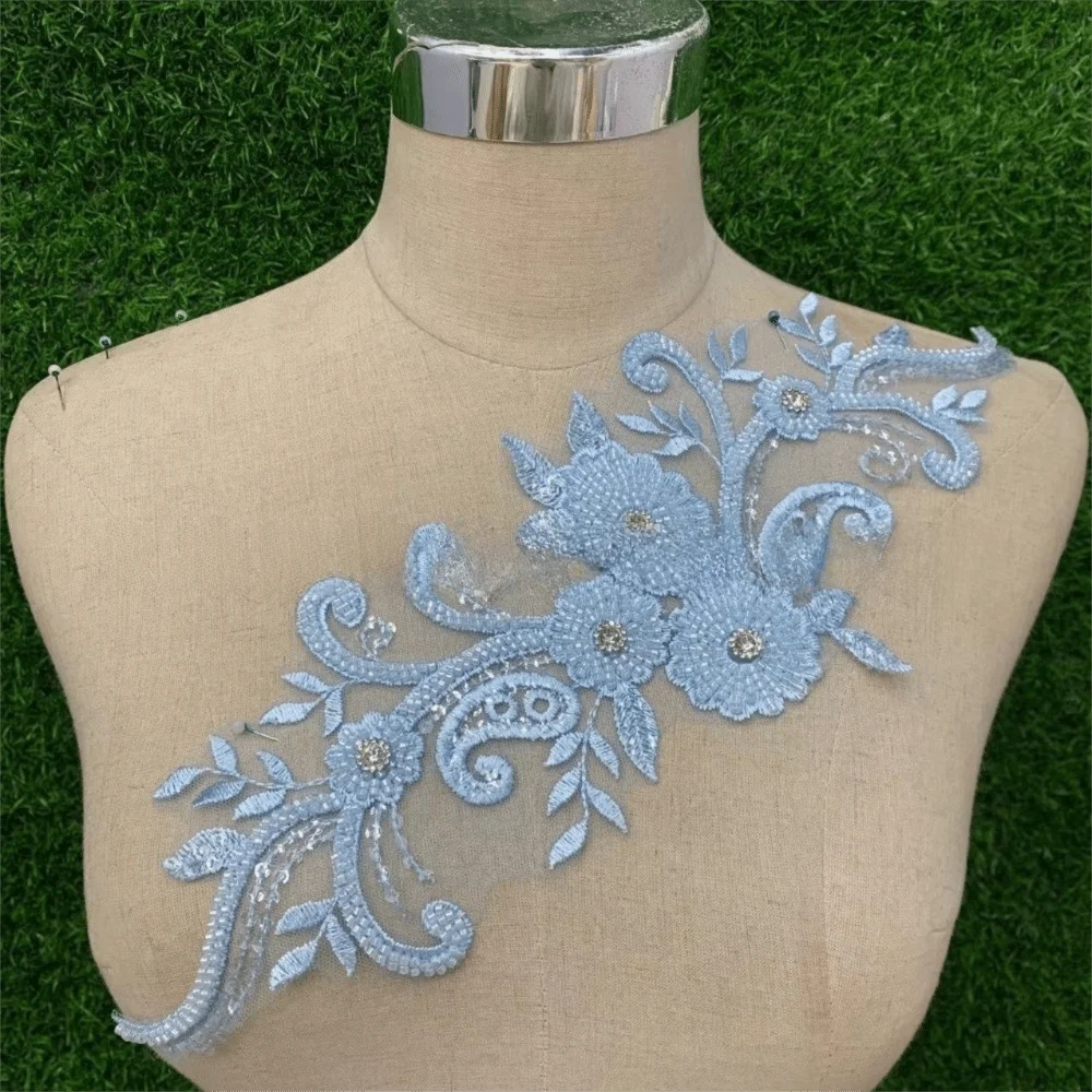 Rhinestone Flower Lace Applique Patch Handsewn Glass Drill Flower Embroidery Applique DIY Evening Gown Wedding Dress Accessories Oasis Select Light Blue