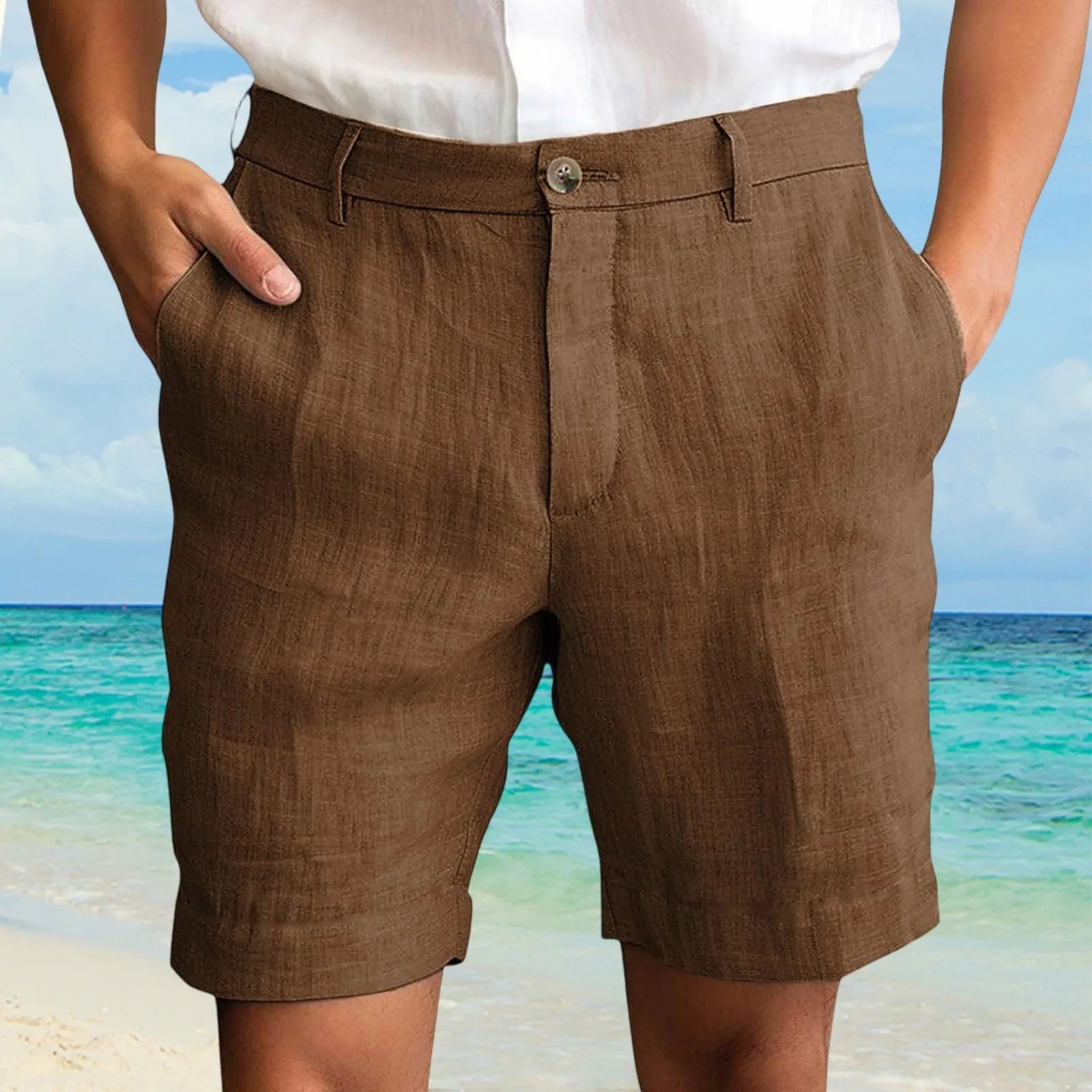 Summer Cotton Linen Shorts for Men Solid Casual Button Pocket Beach Shorts Men's Comfortable Simple Vacation Leiture Pants Oasis Select Coffee XXL