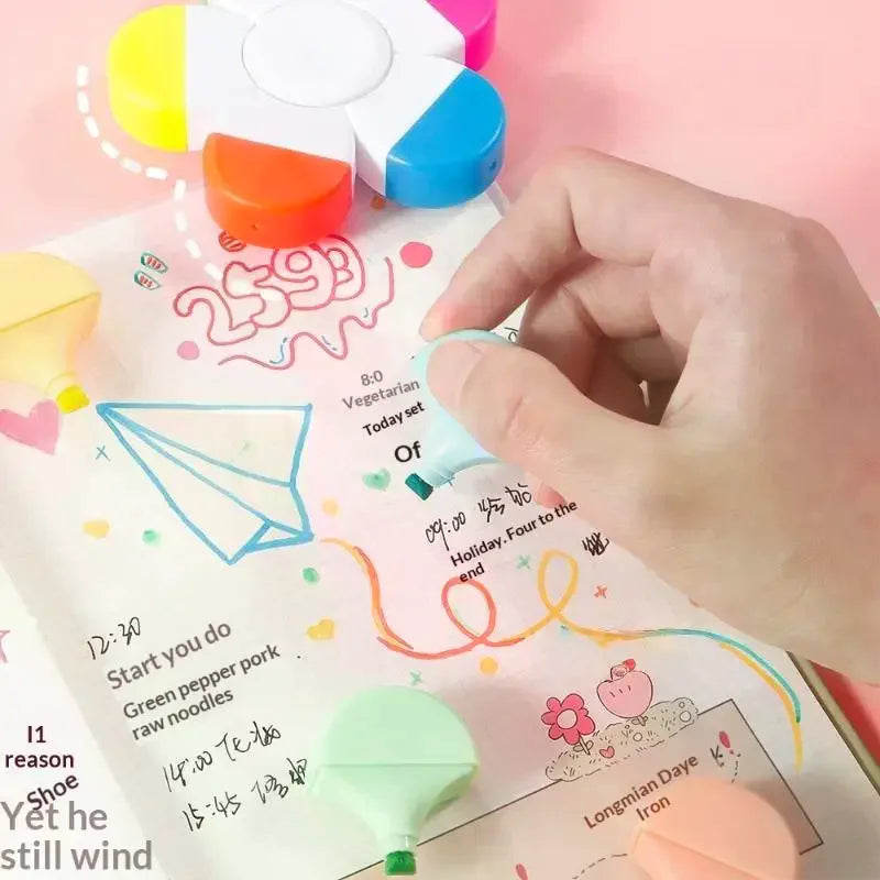 1Pcs Flower Shape Watercolor Colors 5-In-1 Fluorescent Pens Fingertip Spiral Highlighter Pen For School Office Stationery Oasis Select