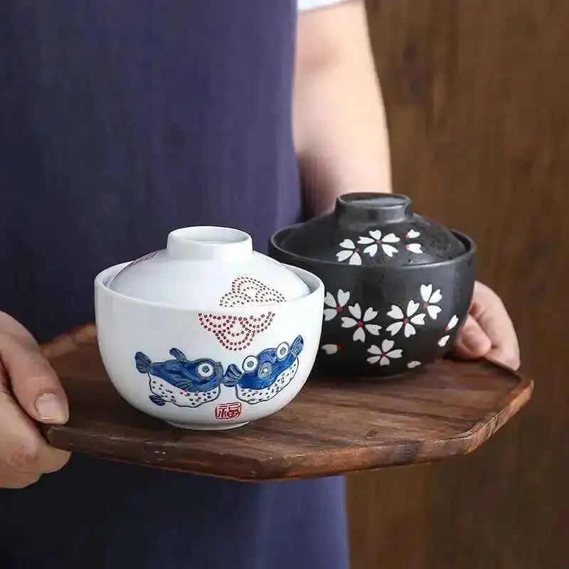 Japanese Ceramic 4.25Inch Stew Pot Bowl With Lid Steam Egg Soup Bowl Steaming Cup Slow Cooker Home Restaurant Tableware Oasis Select