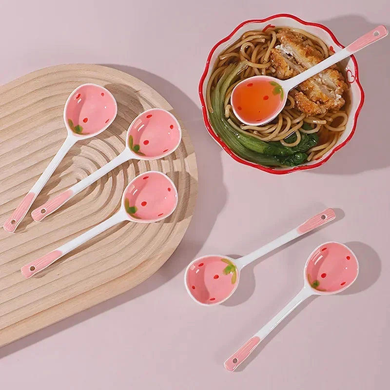 Kitchen Accessories Kawaii Strawberry Ceramic Soup Spoon Cute Korean Ice Cream Hand Painted Coffee Dessert Long Handle Spoon Oasis Select