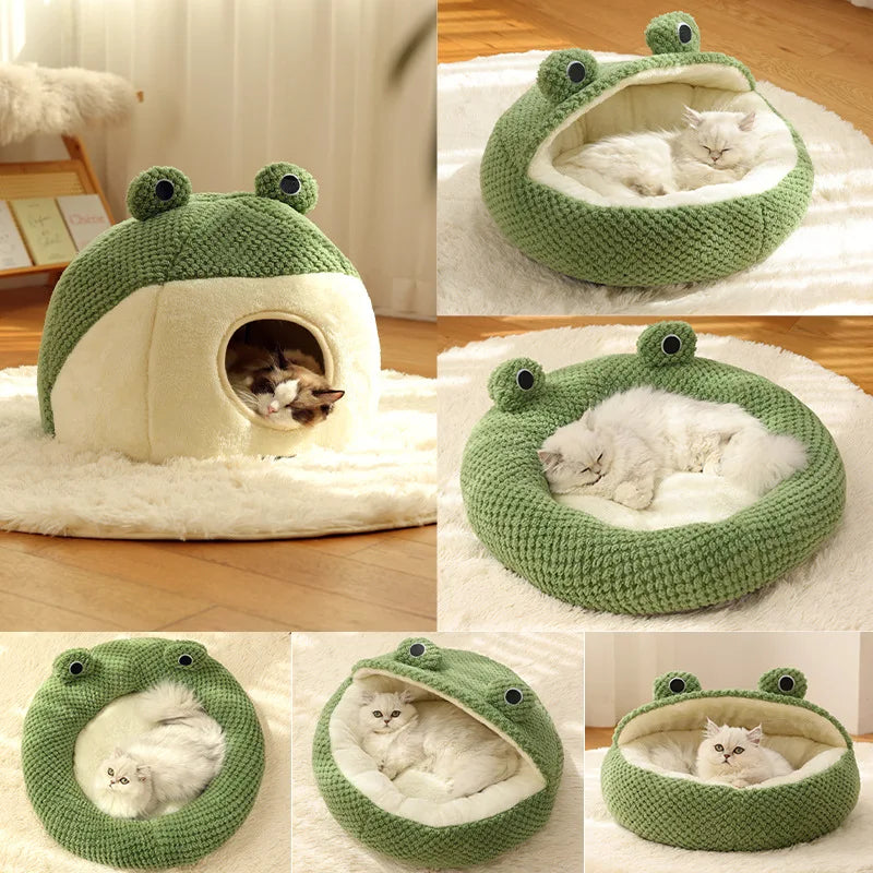 All-season Universal Cat House Little Frog Series Semi-enclosed Dog House Warm Plush House-style Dog Bed Oasis Select