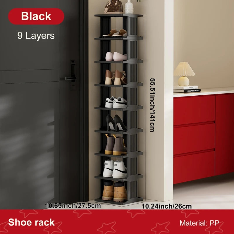 Vertical Shoe Rack: Stackable Shoe Rac, DIY Free-Standing Shoe Organizer, Small Shoe Shelf for Compact and Narrow Spaces, Plasti Oasis Select Black 9 Tiers
