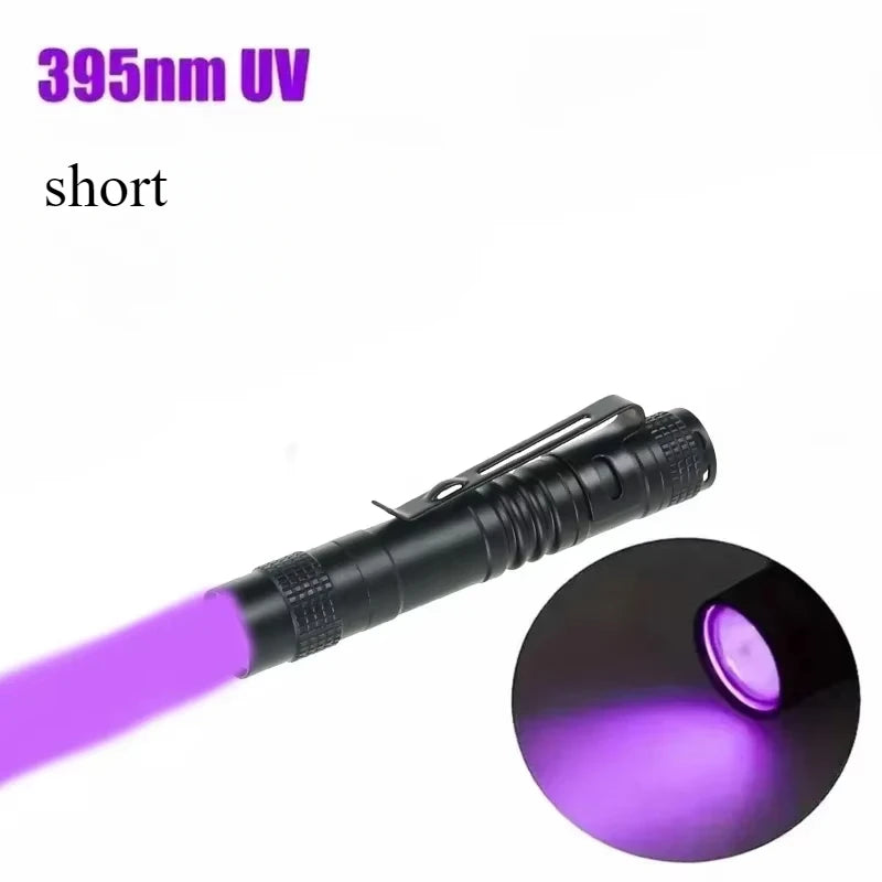Mini 395nm UV Flashlight Portable LED Ultraviolet Blacklight Money Inspection Penlight with Clip Pet Urine Stains Detector Torch Oasis Select short