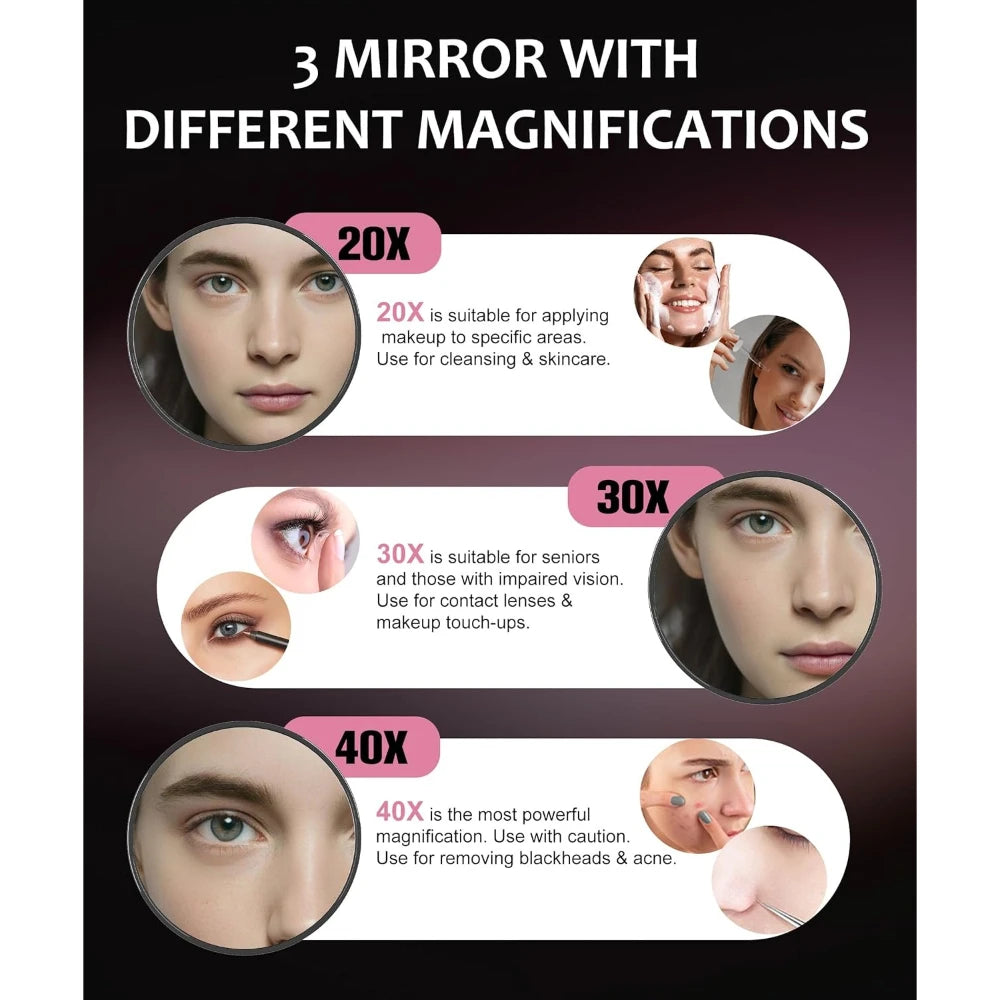 Magnifying Mirror Set (20X, 30X, 40X) 3.5" Compact Travel Mirrors with Tweezers & Suction Cups for Makeup, Brows & Ingrown Hair Oasis Select