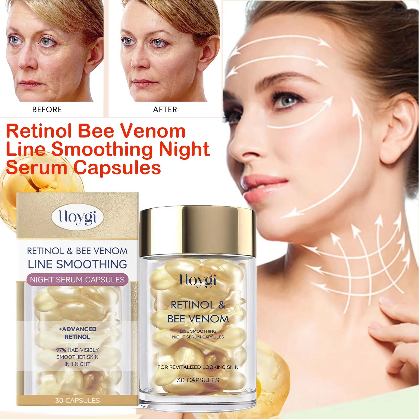 Retinol Bee Venom Facial Capsules Anti-Wrinkle Firming Smoothing Moisturizing Facial Skin Anti-Aging Night Serum for Face & Neck Oasis Select