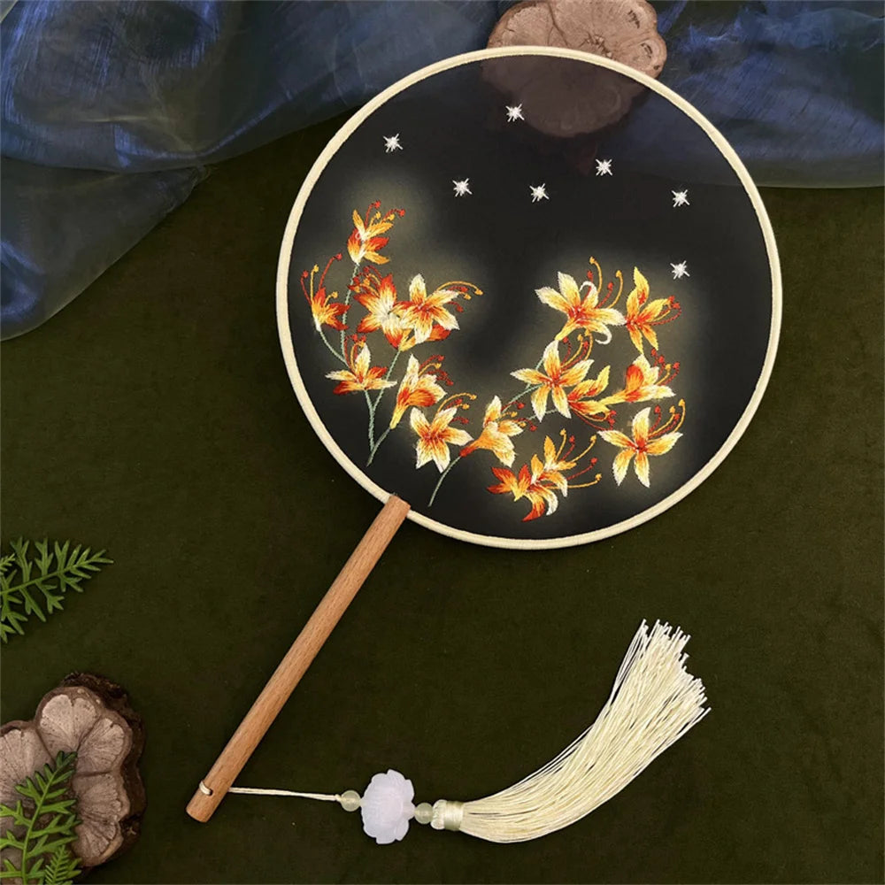 Flower Embroidered Silk Round Fan Chinese Hand Fans with Wooden Handle Tassel Wedding Party Dance Accessories Home Decor Oasis Select Style 2